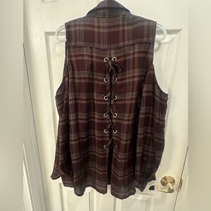 Cotton Bleu off the shoulder plaid long sleeve flannel, size L